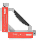 Heavy Duty Dual Switch Welding Magnet Fixture With 90 Degree Angles and Bottom V Groove for Round Bars, viewed from side.