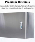 Stainless Steel Outdoor Electrical Box Enclosure With Hinged Cover Built Tough For Home Use Waterproof Junction Chest Style Housing In Protective Cabinet For Indoor Outdoor Wiring With 4 6 8 Or 10 Inch Depth Options 24 By 30 By 8 Inch. front view