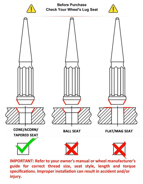Diagram showing lug nut seat types for Solid Piece Spline Spike Lug Nut Set 14x1.50 Thread Pitch 33 Pack with warning notes.
