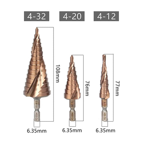 Heavy Duty Hss M35 Cobalt Step Drill Bits Set For Stainless Steel And Metal Sheets With Sharp Spiral Grooves, Hex Shank Design, Makes Fast Precise Hole Cutting Like A Boss No Stress Needed At All. 4-32 108mm 6.35mm