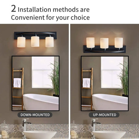Oil Rubbed Bronze Vanity Light Fixture With White Glass Shade, shown upward and downward mount over mirror
