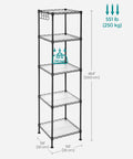 Tiny Bathroom Game Changer Five Tier Storage Rack Super Compact Organizer Hella Sturdy Powder Coated Steel Build dimensions infographic