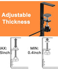 Adjustable thickness clamp for No Drill Under Desk Cable And Wire Management Tray Two Pack, showing max and min desk fit.