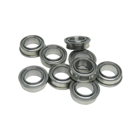 10 Pack SFR1810ZZ Stainless Steel Deep Groove Ball Bearings Featuring An Extended Inner Flange And Double Metal Shields stacked in a pile.