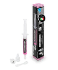 Front view of ERRECOM Extreme Ultra A/C leak-stop syringe with pink label, 0.2 fl oz cartridge, adapters beside box.