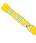 Spirit Level, Anodized Aluminum, 23cm, yellow and black, with precision bubble levels for accurate readings.