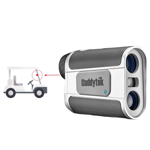 Handheld Golf Laser Rangefinder With Slope Compensation And Pin Flag Validation To Lock Down Precise Yardages on the Links, showing measurement to golf cart.