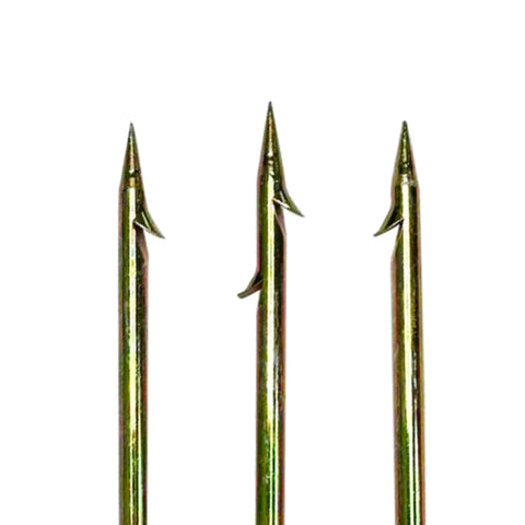 Pro Grade Three-Prong Spearfishing Harpoon Tip 8mm Stainless Steel With Chrome Gold Barbed Fork Finish, close-up of tips