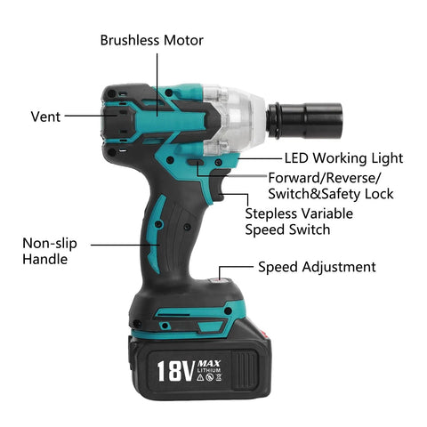 HeVirgo Cordless Electric Impact Wrench 18V with brushless motor showing vent, LED light, speed switch, and non-slip handle.