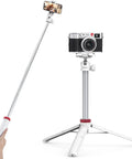Extendable Phone Tripod And Selfie Stick For Vlogging, 59-Inch Portable 2-In-1 Clip Stand, 360° Ball Head, 1/4 Inch Screw, Compatible With DJI Pocket, Sony, Canon, Fujifilm, Action Cameras, White, shown as tripod and selfie stick setup.
