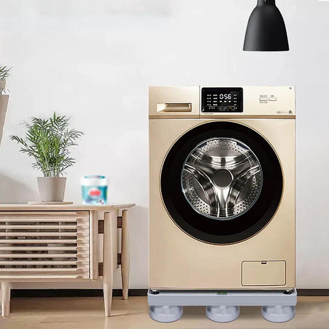 Heavy Duty Appliance Roller Stand With Six Smooth Rolling Caster Wheels For Washers And Dryers under a washing machine in a modern room.