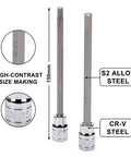 Extra Long Hex Bit Socket Set Three Eighths Inch Drive With Chrome Vanadium Steel S2 Bits showing size markers and materials.