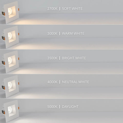 Super Smooth Glow And Seriously Glare Resistant 4 Inch Square Recessed LED Downlight Drops 1200 Lumens showing color temperatures.