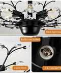 Vintage Six Light Branch Flush Mount Ceiling Light In Black With Crystal Bling Accents, close-up of black light body and E12 socket.