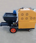 Portable Cement Mortar Spraying Machine For Professional Wall Plastering Stucco Render Equipment For Interior Exterior Building Construction Jobsite Use High Performance Sand Application Tool, side view on concrete.
