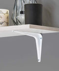 Close-up of white powder coated shelf bracket 10 inch by 12 inch holding a wooden shelf in living room