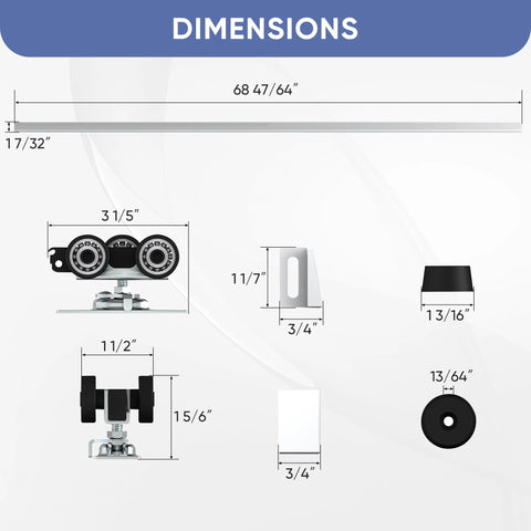 Commercial Grade Pocket Door Hardware And Track Set For 6 Foot Sliding Doors 68.7 Inch Aluminum Track System dimensions