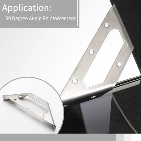 Top Shelf Trapeziform Corner Braces 8 Piece Set Hella Durable Stainless Steel Right Angle Triangle Supports Plus Hardware mounted on corner.