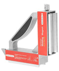 Heavy Duty Dual Switch Welding Magnet Fixture With 90 Degree Angles And Bottom V Groove For Round Bars side view showing controls