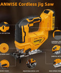 Badass Brushless Cordless Jigsaw Delivers Knockout 2900 Rpm With Three Orbital Settings And Zero To Forty Five Degree Bevel Cuts Featuring Twelve Versatile Blades Paired With One Solid 20V Battery Pack, showing detailed features.