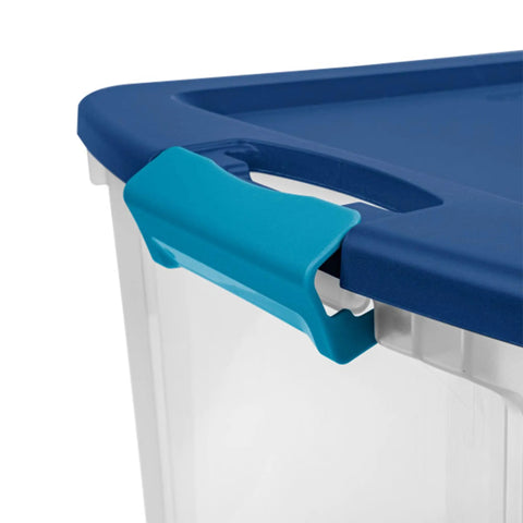 Close-up of the heavy duty latching lid on Hella Sturdy Stackable Storage System Featuring 18 Clear Plastic Totes.