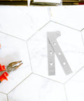 Heavy Duty Pivot Hinge Kit Four Pack For Doors And Cabinets, Stainless steel seven-shaped hinges on white tile surface