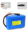 36V 5Ah Rechargeable Li-ion Battery Pack With Built-In 10A BMS, charger, XT-60 and XT-30 cables, shown with connectors