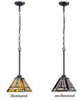 Tiffany Style Pendant Light Fixture With Dope Vintage Mission Farmhouse Charm 8 Inch Wide Stained Glass, illuminated and non-illuminated.