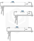Three Beefy Heavy Duty Sliding Arm Locking C Clamps with 12 inch jaw capacity, showing different max jaw openings and throat depth.