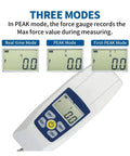 Push And Pull Force Tester Dynamometer With Four Measurement Units Newton Kilogram Pound And Ounce, Peak First Peak And Real Time Modes, Backlit LCD Display, Auto Power Off, Handy Portable Storage Case, 300N Capacity shown with three mode screens