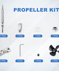 Driveshaft And 4 Blade Stainless Steel Propeller Kit For RC Boats, Universal Joint, 100mm Shaft, 50mm Sleeve, 55mm Propeller Diameter, Fits 3mm Motor Shaft, RC Boat Coupler Assembly, Upgrade And Repair components displayed