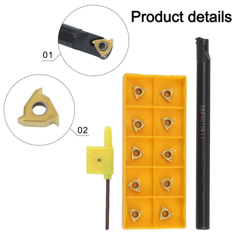 SNR0010K11 CNC Turning Boring Bar Set Right Hand With 10 Carbide 11IR A60 Inserts And Wrench For Precision Threading And Finishing Operations +10 Degree Rake Angle High Performance Cutting Tool Kit components including inserts and a wrench for lathe work.