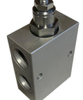 Angled front view of inline hydraulic counterbalance valve block with 4 SAE-8 ports, aluminum body, top adjustment nut.