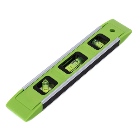Compact 9 Inch Magnetic Torpedo Level Featuring Rock Solid Grip And Three High Visibility Spirit Vials For Dead On Precision At 45 90 And 180 Degree Angles Built For Hustle on a white background.