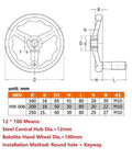 Hella Durable Three Spoke Bakelite Hand Wheel For Industrial Lathe Machines With Easy Peasy Quick Swap Handle diagram with measurements.