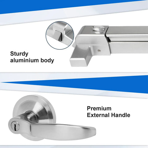 Beefed Up Panic Bar For Exit Doors Stainless Steel Push Bar With Lock Alarm And Fireproof Protection, shows sturdy aluminium body and premium handle.
