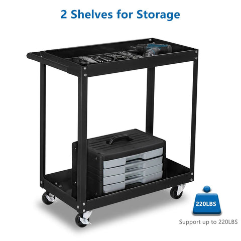 Heavy Duty Two Tier Rolling Tool Cart With Dual Brakes Built Tough Solid Steel Commercial Utility Organizer That Rolls Smooth For Garage And Auto Shop 250 Lb Capacity with tools on top shelf and storage bins below.