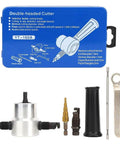 Six Piece Double Head Metal Nibbler Cutter Kit For Drill with ergonomic handle, adjustable heads, attachment parts, and storage case included