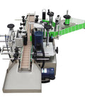 Automatic Round Bottle Labeling Machine With Conveyor Applicator And Receiving Tray 110V Plus Simple Setup, top view of labeling process.