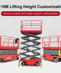 Three models of Rock Solid Walk Behind Scissor Lift Aerial Work Platform hydraulic lift table, showcasing various height customization.