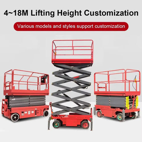 Three models of Rock Solid Walk Behind Scissor Lift Aerial Work Platform hydraulic lift table, showcasing various height customization.