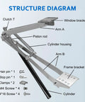 Structure diagram of 2 Pack Greenhouse Automatic Window Opener Kit showing components like arm, piston rod, and frame bracket.