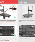 Comparison image showing Rock Solid Heavy Duty Folding Platform Cart With Reinforced Steel Frame and 360 Swivel Rubber Casters design features.
