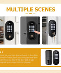Slick Keyless Entry Deadbolt With Numeric Keypad That Takes The Hassle Out Of Locking Up and shows various installations of the lock.