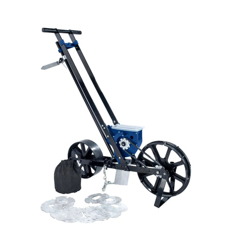 Single Row Garden Seed Seeder With 10 Seed Plates, Hopper Lid, Chain Drag Soil Coverage, Wide Rear Wheel, side view.