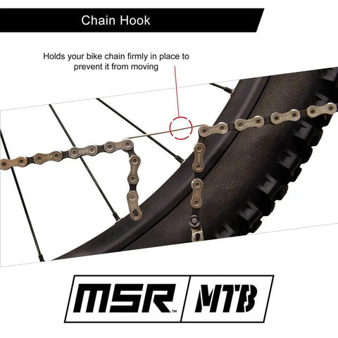 Close-up of bicycle chain on tire with chain hook feature of Four In One Bicycle Chain Pliers For Mountain And Road Bikes Ultra Lightweight