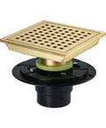 Top Shelf Six Inch Square Shower Floor Drain With Removable Grate And No Sweat Hair Catcher Rust Resistant Stainless Steel Bathroom Tile Drain Cover For Home Showers Matte Black Quick Flip shown in gold finish.