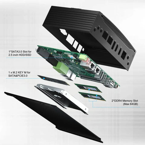 Exploded view of No Sweat Fanless Mini PC packing Intel Core i7 10510U with SSD, showing internal components and slots.