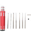 Badass Complete Tungsten Scriber Kit With Grippy Aluminum Handle And Seven Ultra Fine Replacement Blades Plus Wrench displayed with eight blades.