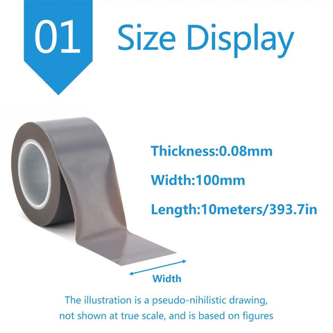 High Temp PTFE Heat Press Tape 100mm wide, 10m long, shows size display for use in sublimation jobs without residue.